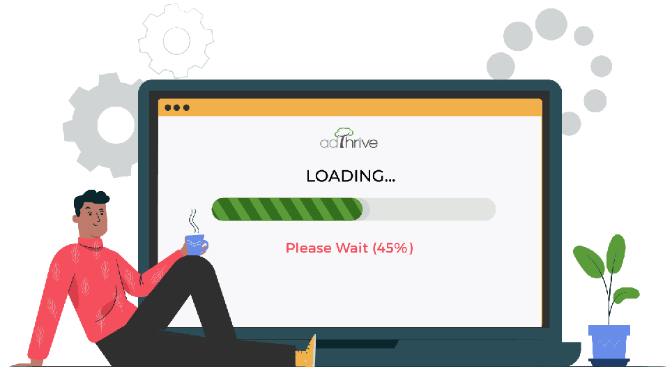 cartoon infographic of the AdThrive page with a loading bar and a man next to the computer