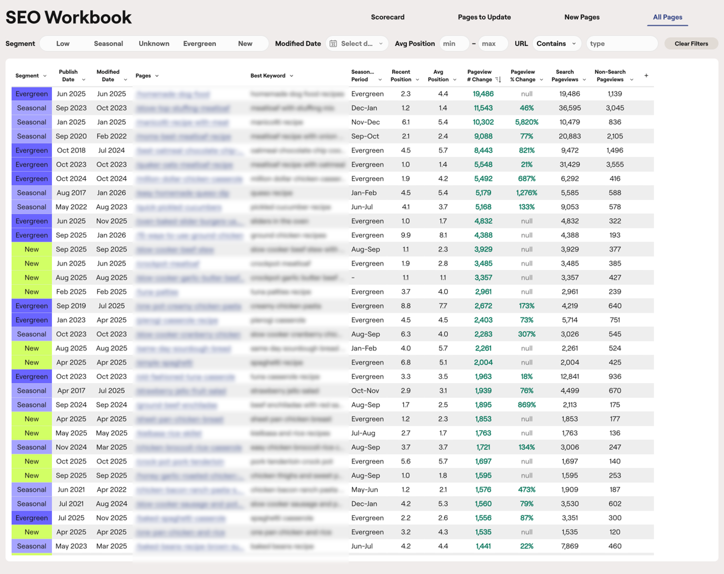 Raptive SEO Workbook All Pages tab