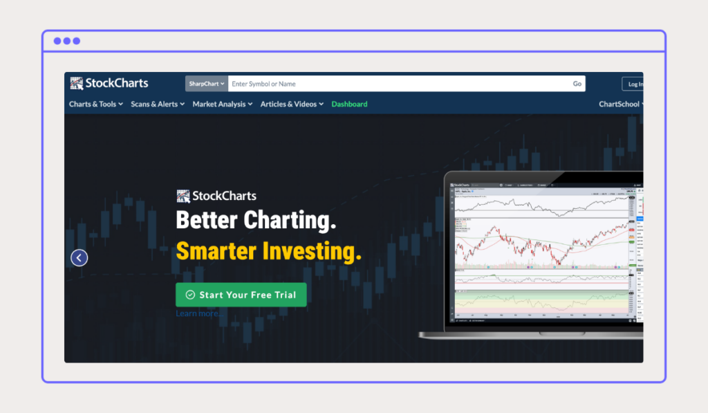 Screenshot of StockCharts' web homepage with a large banner graphic that reads "Better charting, smarter investing"