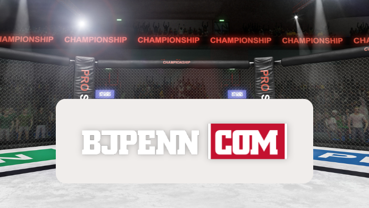 BJPenn logo in front of an MMA ring with spotlights shining down