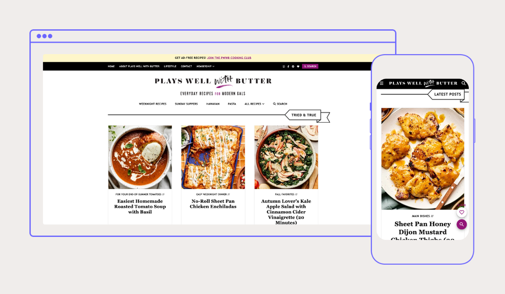 Desktop and mobile views of the Plays Well With Butter site, showing recipe listings and a chicken recipe page.